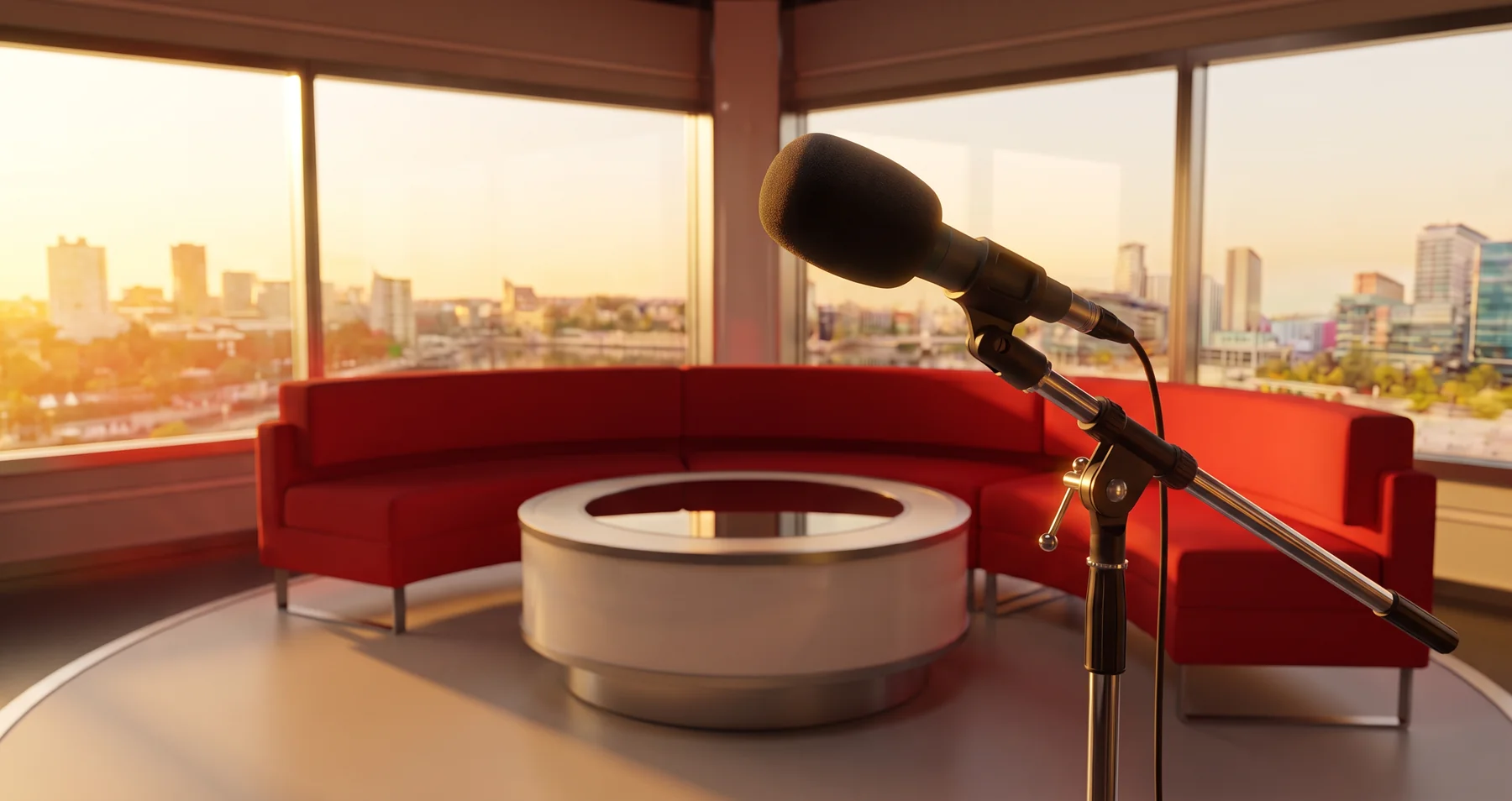 Round table talk-show studio set with a microphone stand and city skyline view at sunset